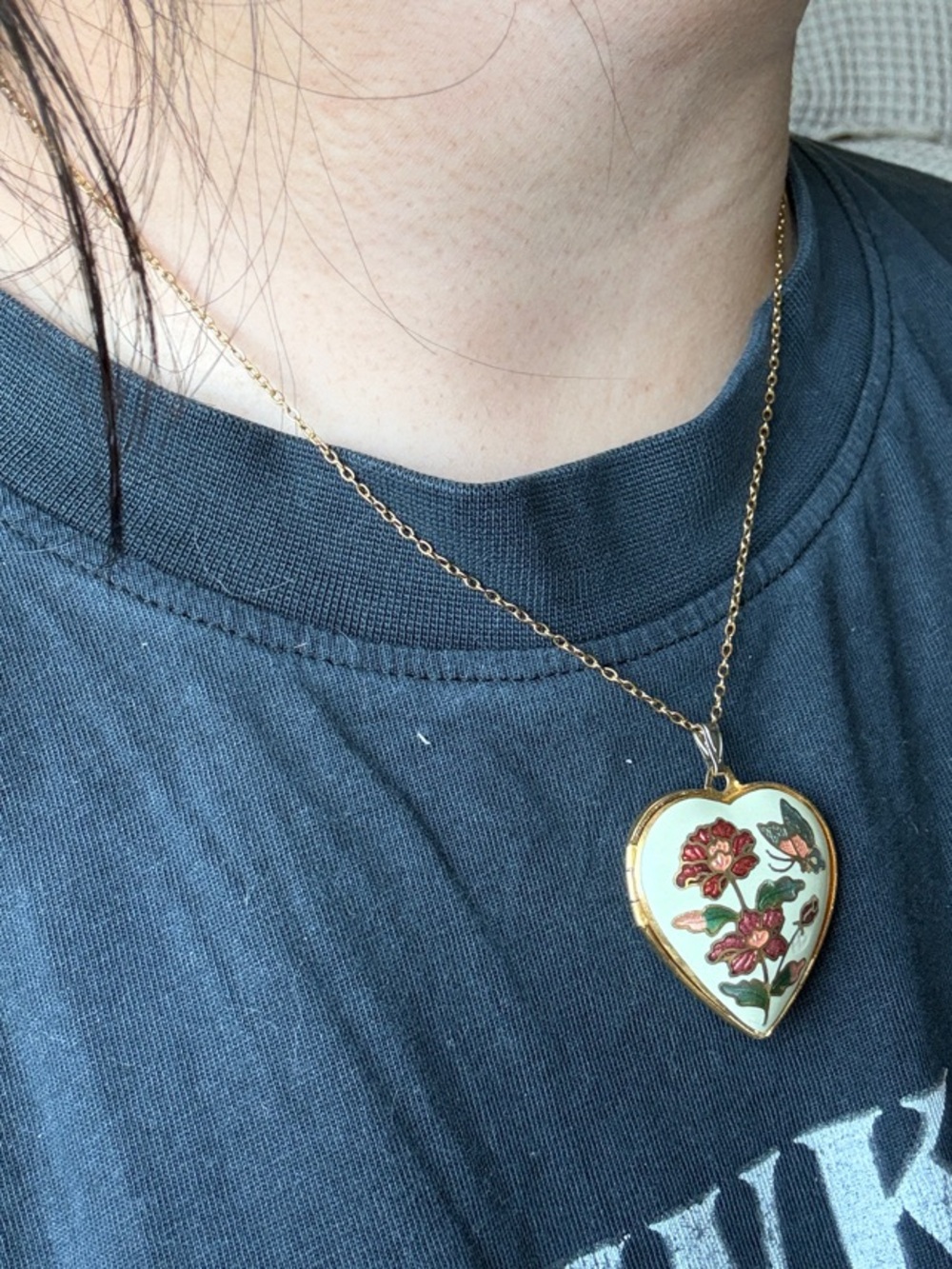 Gold Heart Locket Necklace with Red Floral and Butterfly Enamel